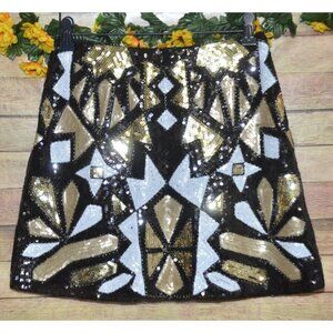NWT Main Strip Full Sequin Black Gold Geometric Mini Skirt Size L Sexy Night Out
